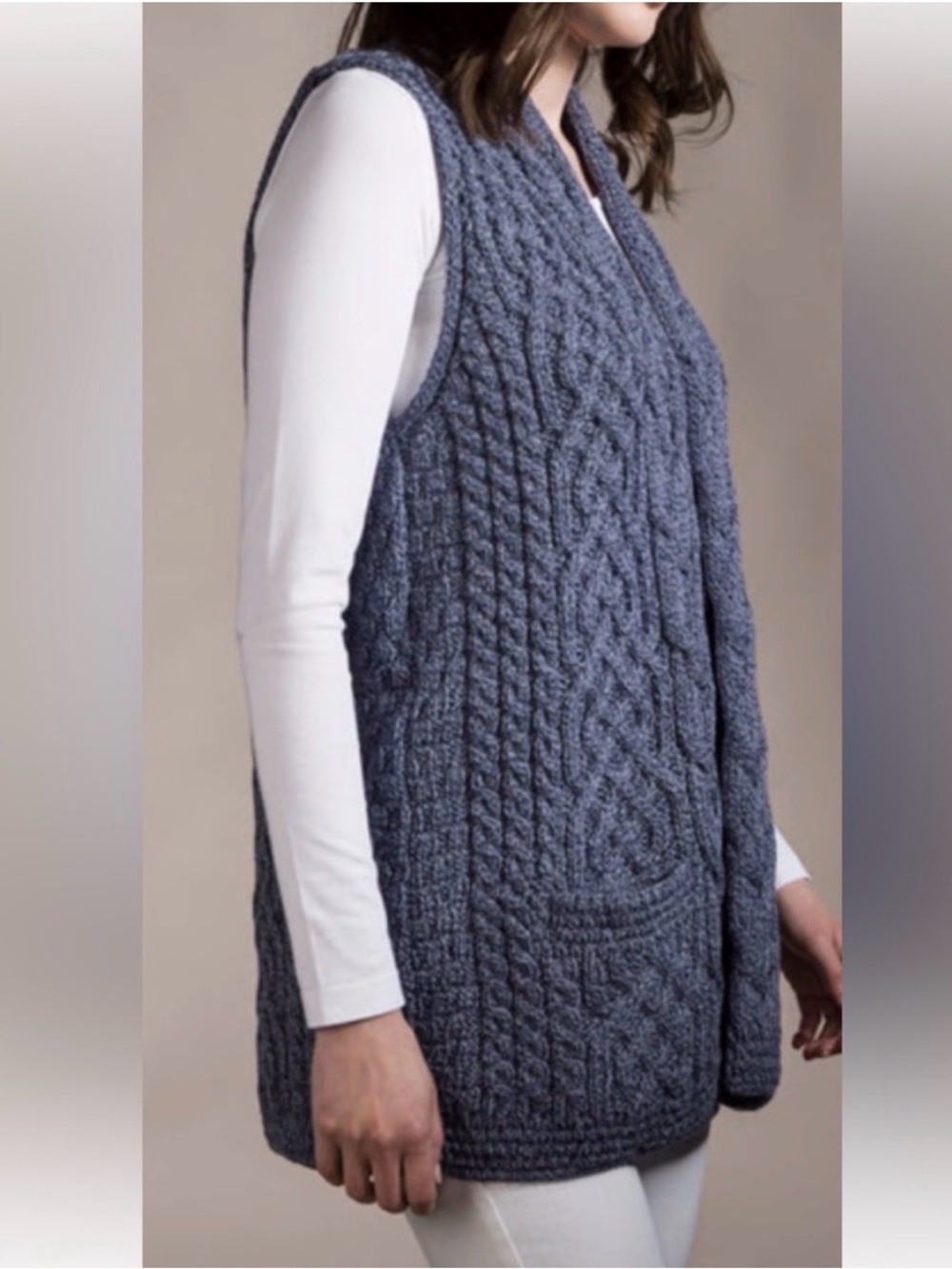 Aran Sweater Market cable vest, Merino Wool, blue, Women’s XL made in Ireland - Picture 6 of 13